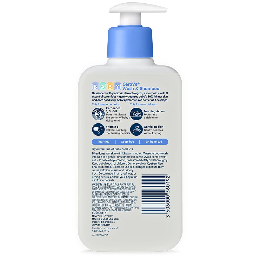CeraVe Baby Wash & Shampoo | 8 Ounce | Fragrance, Paraben, & Sulfate Free Shampoo for Tear-Free Baby Bath Time