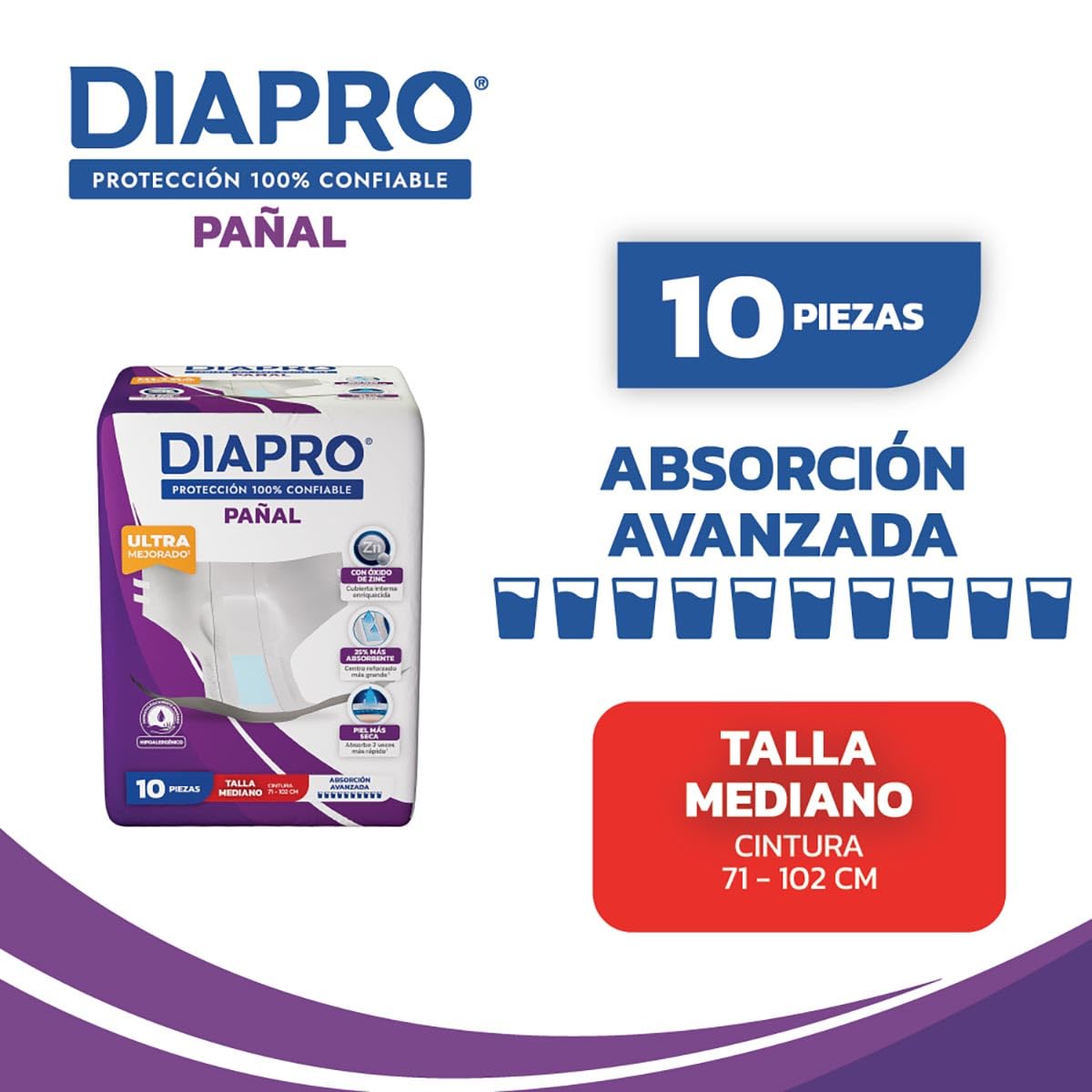 Diapro Pañal Anatómico Desechable para Incontinencia, Talla Mediana, Unisex, Caja con 40 Piezas (4 paquetes de 10 piezas c/u), con protección trasera