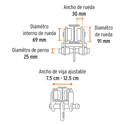 Truper TRO-1, Trole de Carga 1 tonelada para Vigas IPS e IPR, Ajustable