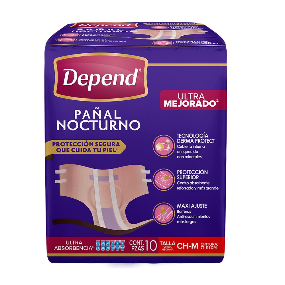 Depend Pañal Nocturno para Incontinencia, Talla Mediana, Unisex, Caja con 6 Paquetes de 10 Piezas (60 pañales), ideal para descargas abundantes