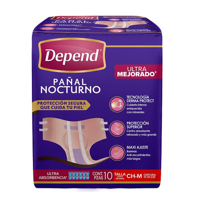 Depend Pañal Nocturno para Incontinencia, Talla Mediana, Unisex, Caja con 6 Paquetes de 10 Piezas (60 pañales), ideal para descargas abundantes