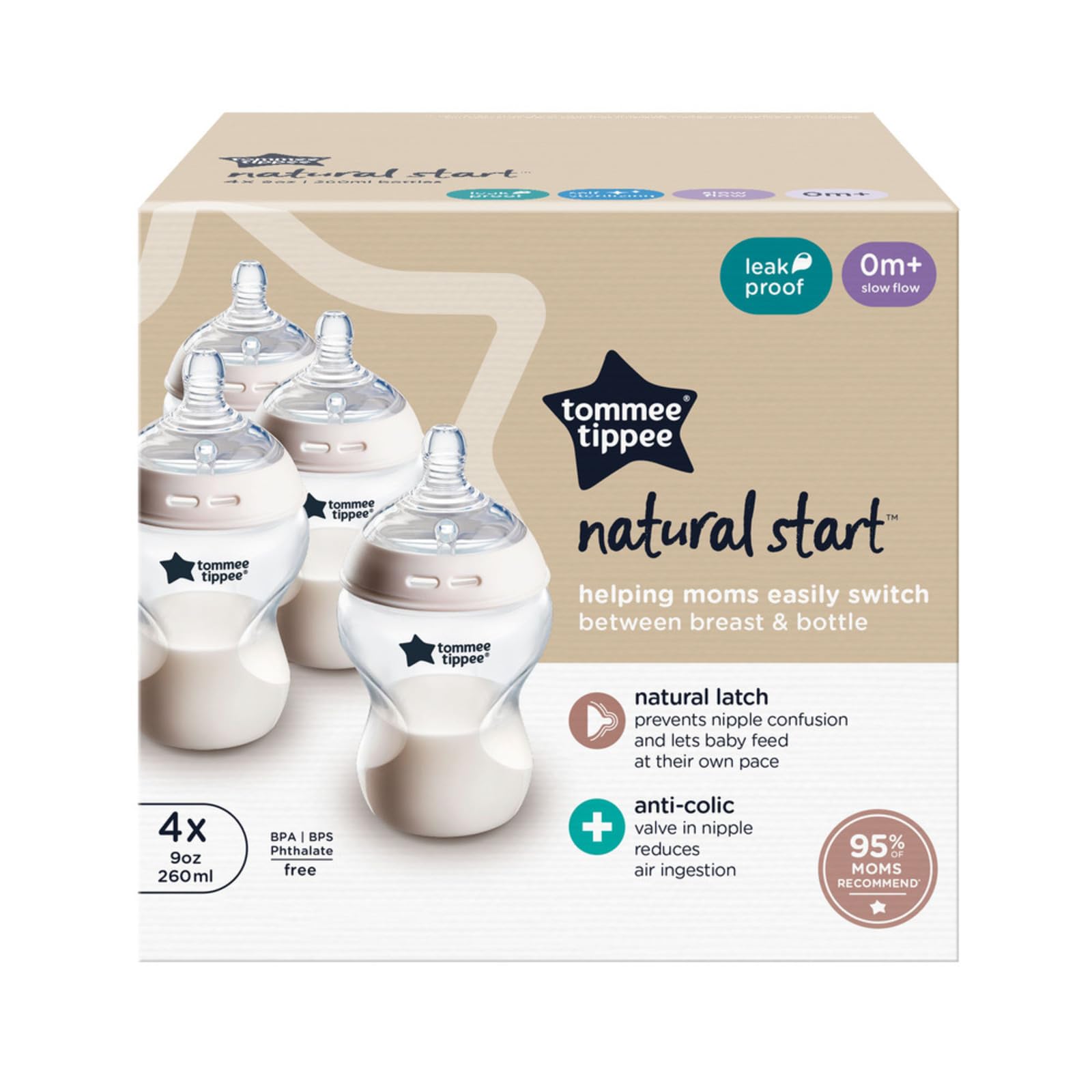 Tommee Tippee Biberones Anticólicos Natural Start de 260 ml (9 oz) Libres de BPA, 0+ Meses, Tetina Tipo Pecho de Flujo Lento, Autoesterilizables, Diseñados para una Transición Natural entre Pecho y Biberón, Transparente, Paquete de 4