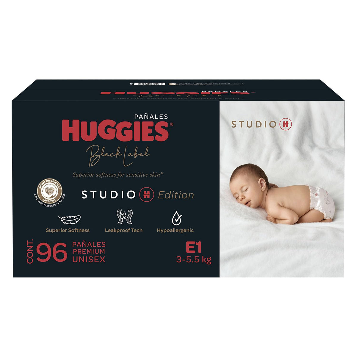 Huggies Black Label Studio H, 96 Pañales Premium Hipoalergénicos Unisex Etapa 1 (para bebés de 3 a 5.5 Kg)