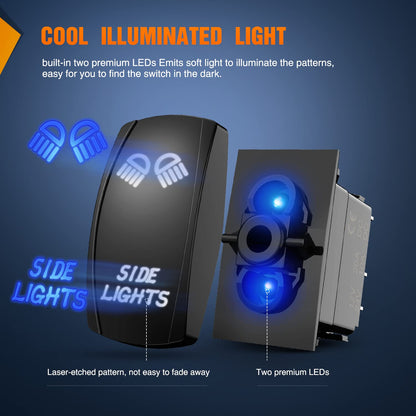 Nilight - Interruptor de luces laterales, barra de luz LED, 5 pines, interruptor SPST, 20 A/12 V, 10 A/24 V, color azul con cables de puente para coches, camiones, vehículos recreativos