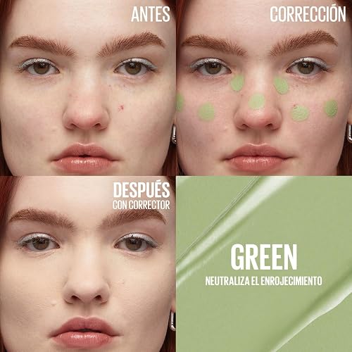 Maybelline Instant Age Rewind Corrector Facial 3 en 1 Anti-Ojeras, Neutraliza Rojeces e Imperfecciones, Corrector Base Contour e Iluminador, Hidrata 12 Horas, Tono Green 151, 6 ml