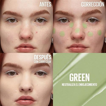 Maybelline Instant Age Rewind Corrector Facial 3 en 1 Anti-Ojeras, Neutraliza Rojeces e Imperfecciones, Corrector Base Contour e Iluminador, Hidrata 12 Horas, Tono Green 151, 6 ml
