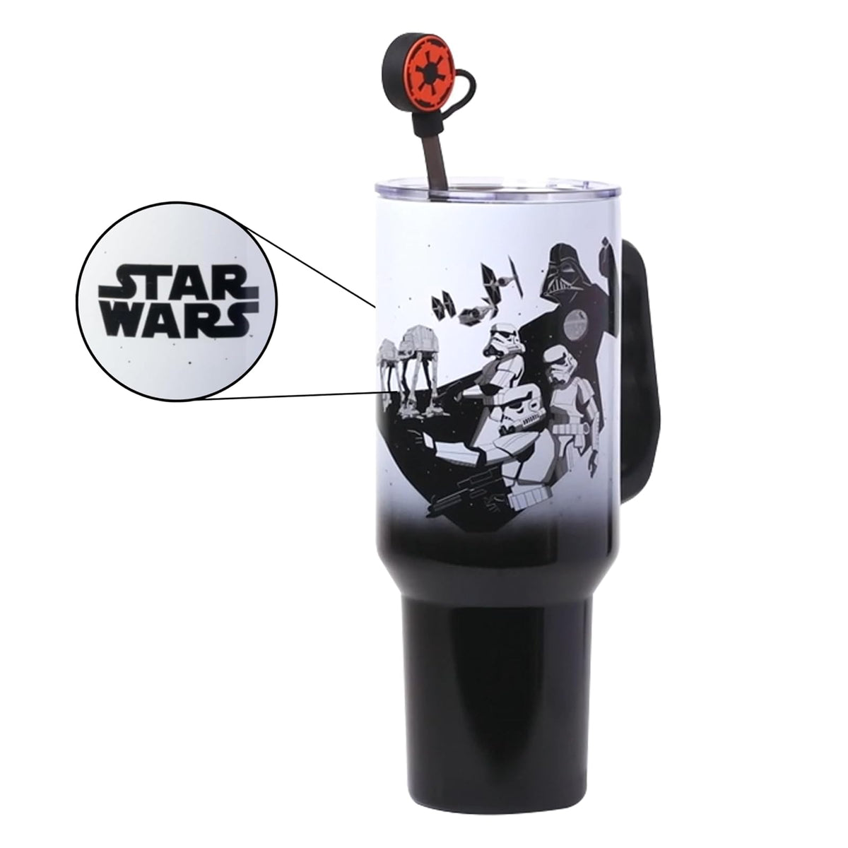 Silver Buffalo Star Wars Hip Street Dark Side Vader - Vaso de acero inoxidable con tapa para popote, tapa, popote y asa, 40 onzas