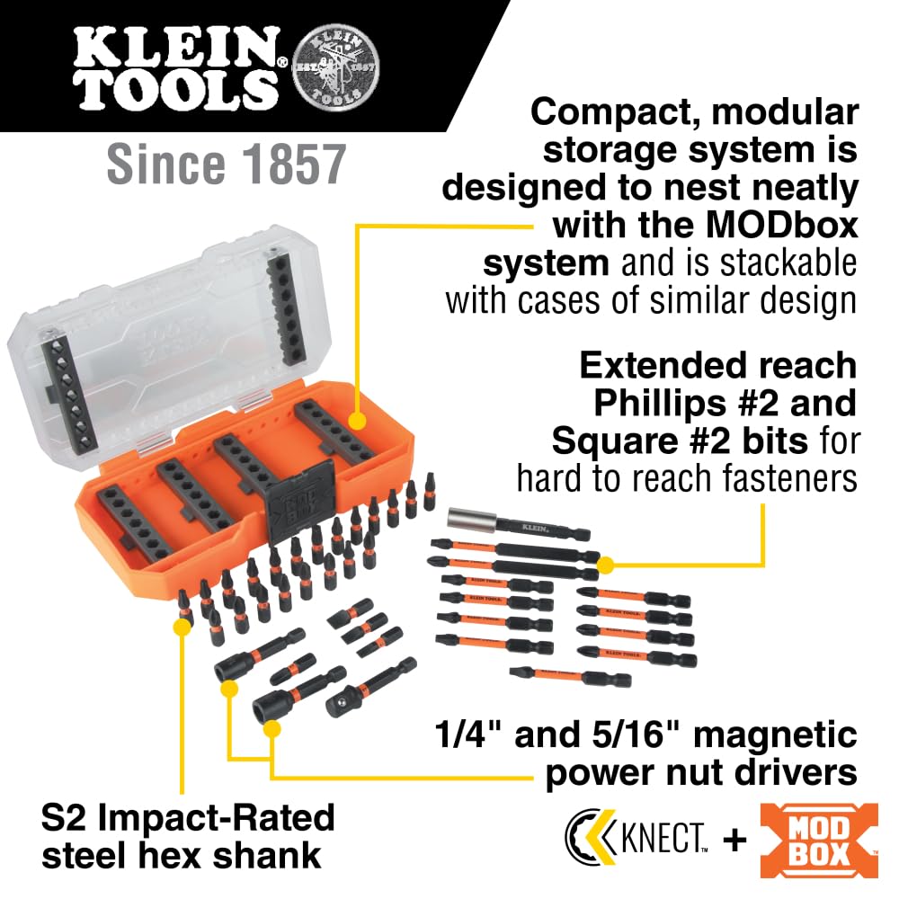 Klein Tools 33801 Juego de brocas de impacto con destornilladores de tuercas magnéticas, ProFlex S2 Steel Phillips, ranuradas, cuadradas, brocas TORX con funda, compatible con MODBox, 40 piezas