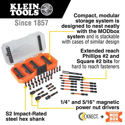 Klein Tools 33801 Juego de brocas de impacto con destornilladores de tuercas magnéticas, ProFlex S2 Steel Phillips, ranuradas, cuadradas, brocas TORX con funda, compatible con MODBox, 40 piezas