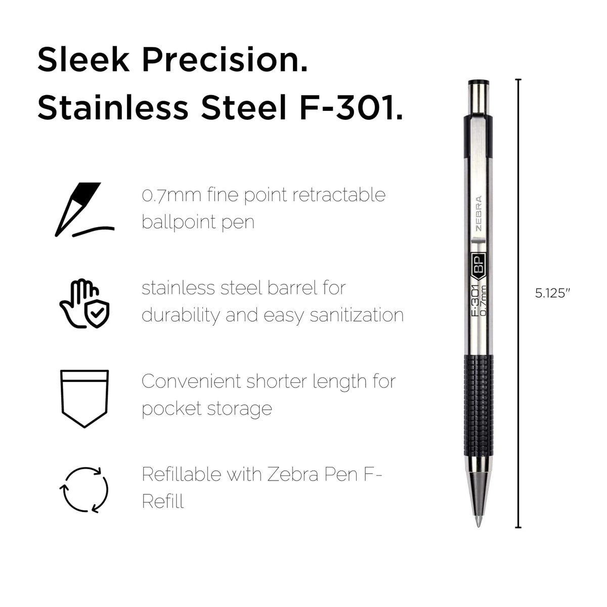 Zebra F-301 Stainless Steel Retractable Ballpoint Pen, 0.7mm, Assorted, 4 Pack (27104)