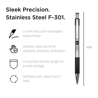 Zebra Pen F-301 - Bolígrafo retráctil, barril de acero inoxidable, punta fina, 0,7 mm, 4 negros, 2 azules y 3 recambios adicionales, 6 unidades