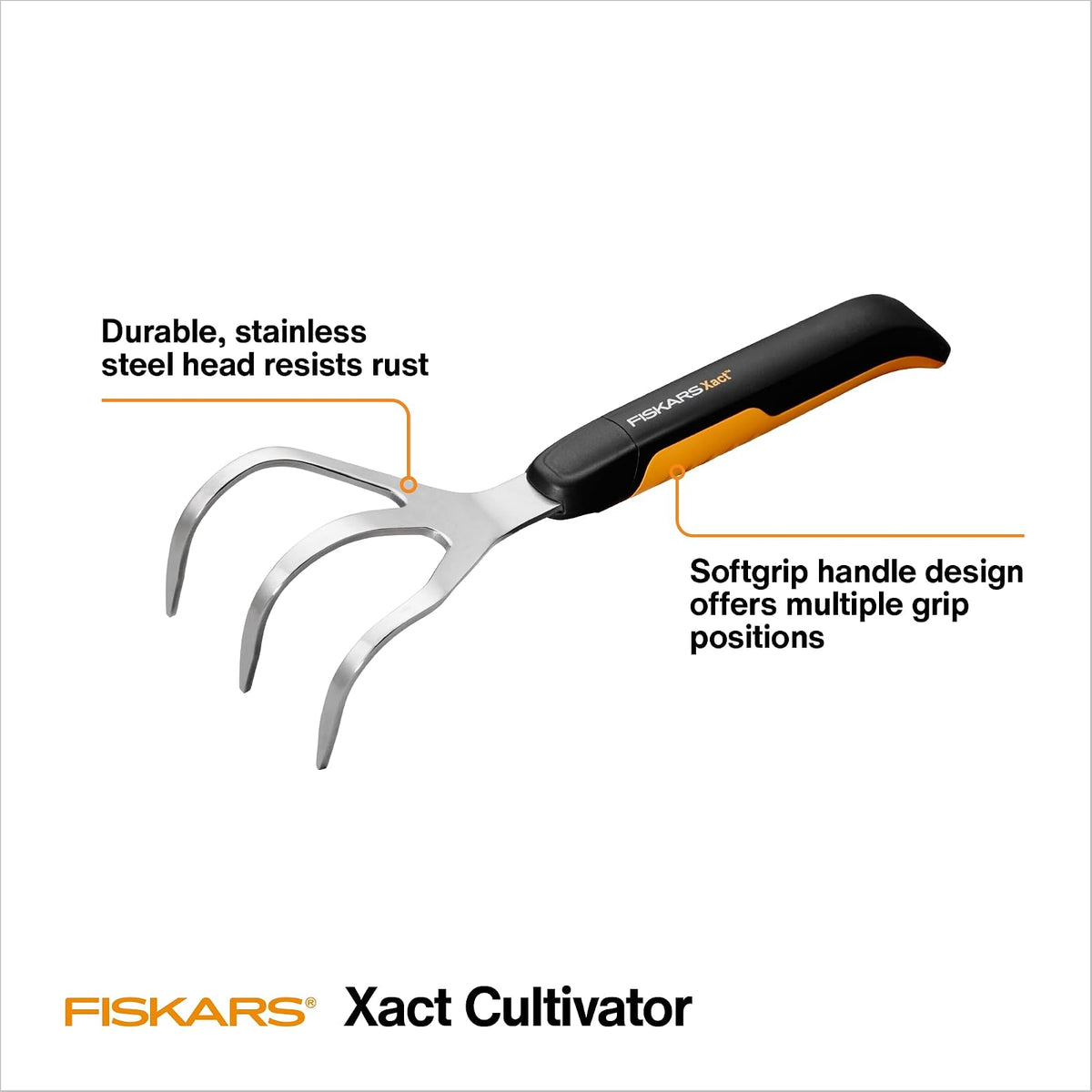 Fiskars Xact - Cultivador de mano de acero inoxidable con mango de agarre suave, herramienta de jardín duradera para aflojar y airear el piso, ideal para macizos de flores y camas de jardín