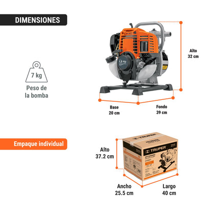 Truper MOTB-14, Motobomba autocebante motor de 4 tiempos a gasolina conexiones 1" x 1" potencia 1.3 HP uso agrícola