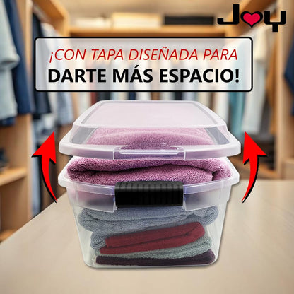 JOY Caja de Almacenamiento de Plástico con Broches de Seguridad, Paquete de 2, Capacidad de 20 Litros + 3 Litros en la Tapa! Ideal para Organizar Ropa, Juguetes y Todos Tus Objetos (45x34x24 cm)