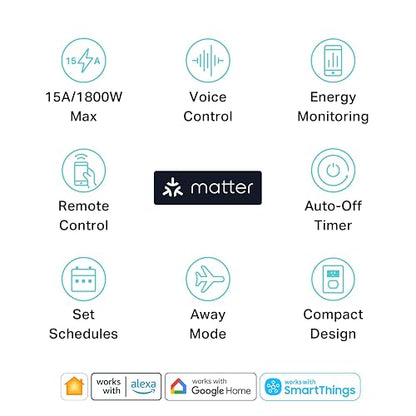 Kasa Smart Plug, compatible con materia, monitoreo de energía, diseño compacto, 15 A/1800 W Max, configuración súper fácil, funciona con Apple Home, Alexa y Google Home, certificado UL, 2.4 G Wi-Fi