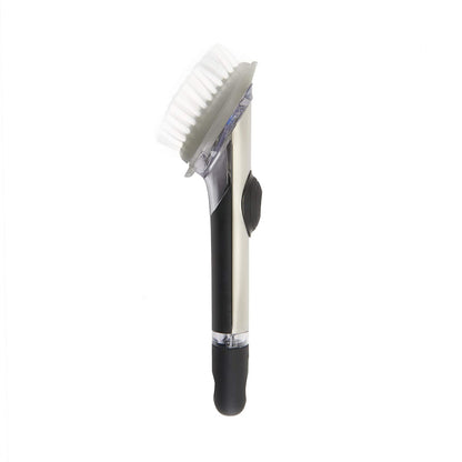 OXO SteeL Soap Dispensing Dish Brush | OXO - cepillo para polvo dispensador de jabón de acero, cepillo para polvo para platos con mango para sartenes, fregadero