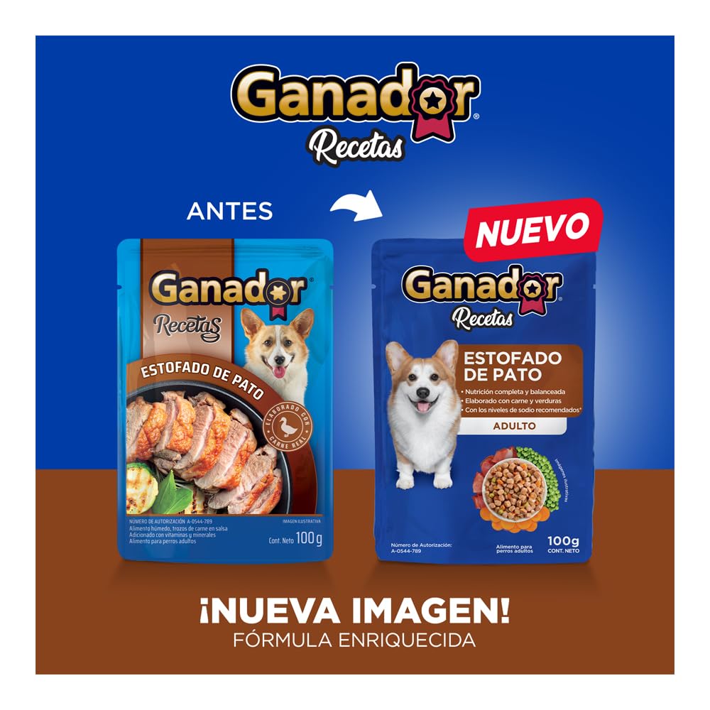 Ganador Recetas Estofado de Pato para Perros Adultos de Todas Las Razas, Azul, Paquete con 22 Piezas de 100 g c/u