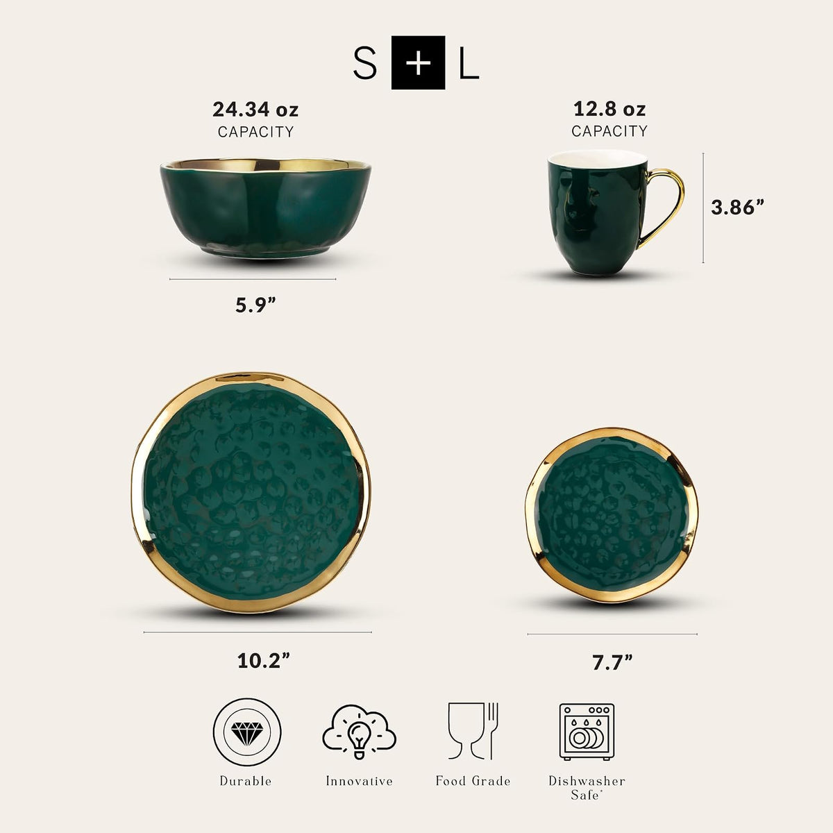 Stone Lain - Vajilla de porcelana de 16 piezas, servicio para 4, verde con ribete dorado