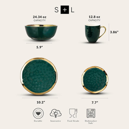 Stone Lain - Vajilla de porcelana de 16 piezas, servicio para 4, verde con ribete dorado