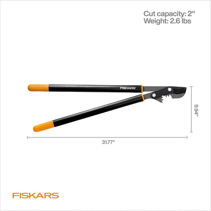 Fiskars PowerGear - Loppers de 32 pulgadas para recorte de árboles, resistente y afilado, cortador de ramas de árbol de hoja de acero de hasta 2 pulgadas de diámetro, capacidad de corte