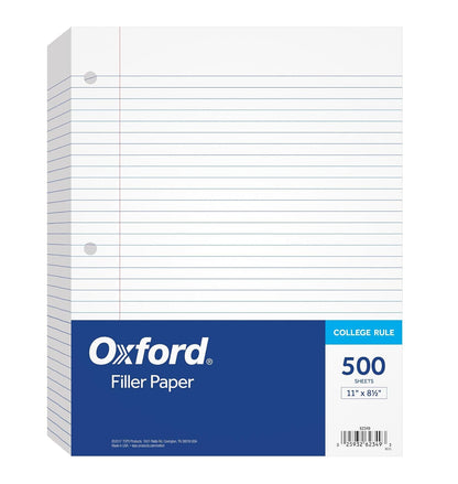 Oxford Papel de Relleno 500 Hojas Rayado Universitario 8.5 x 11 pulgadas