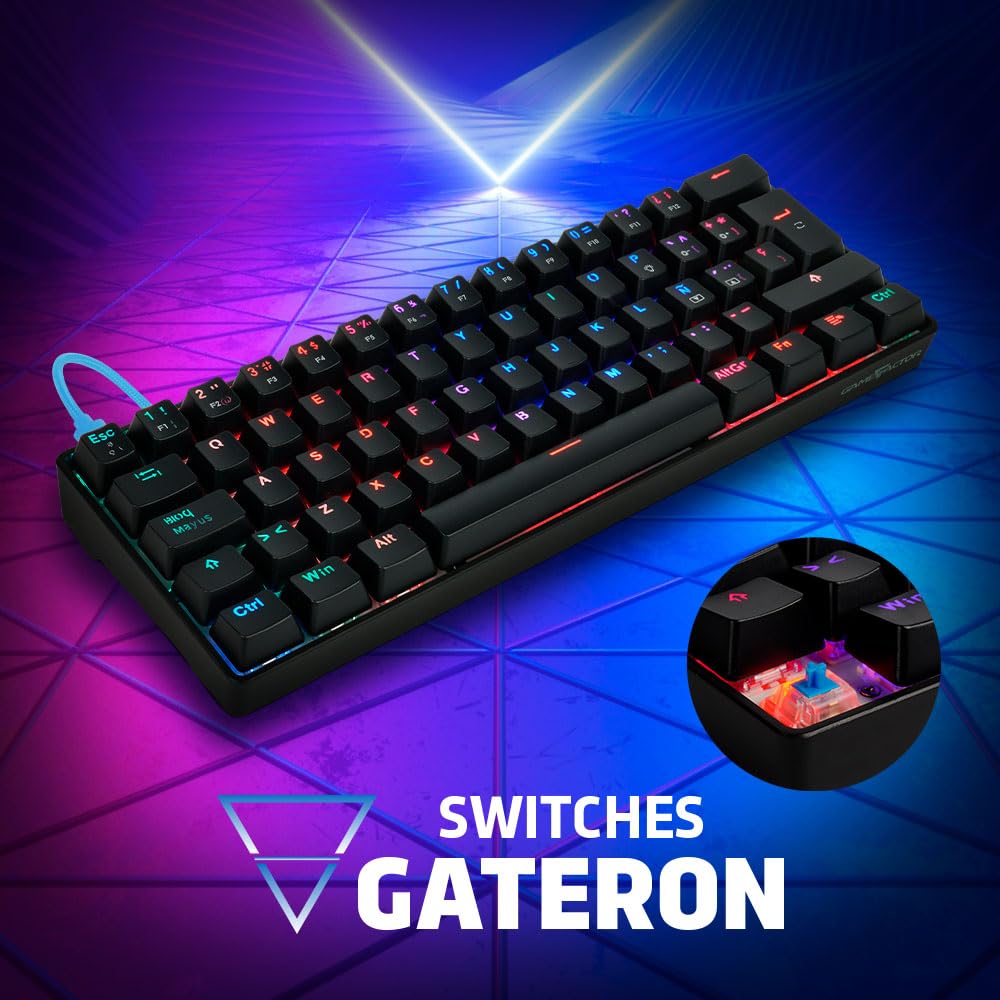 GAME FACTOR Teclado Gamer Mecánico Kbg560 60% Switch Blue Gateron RGB Anti Ghosting Negro