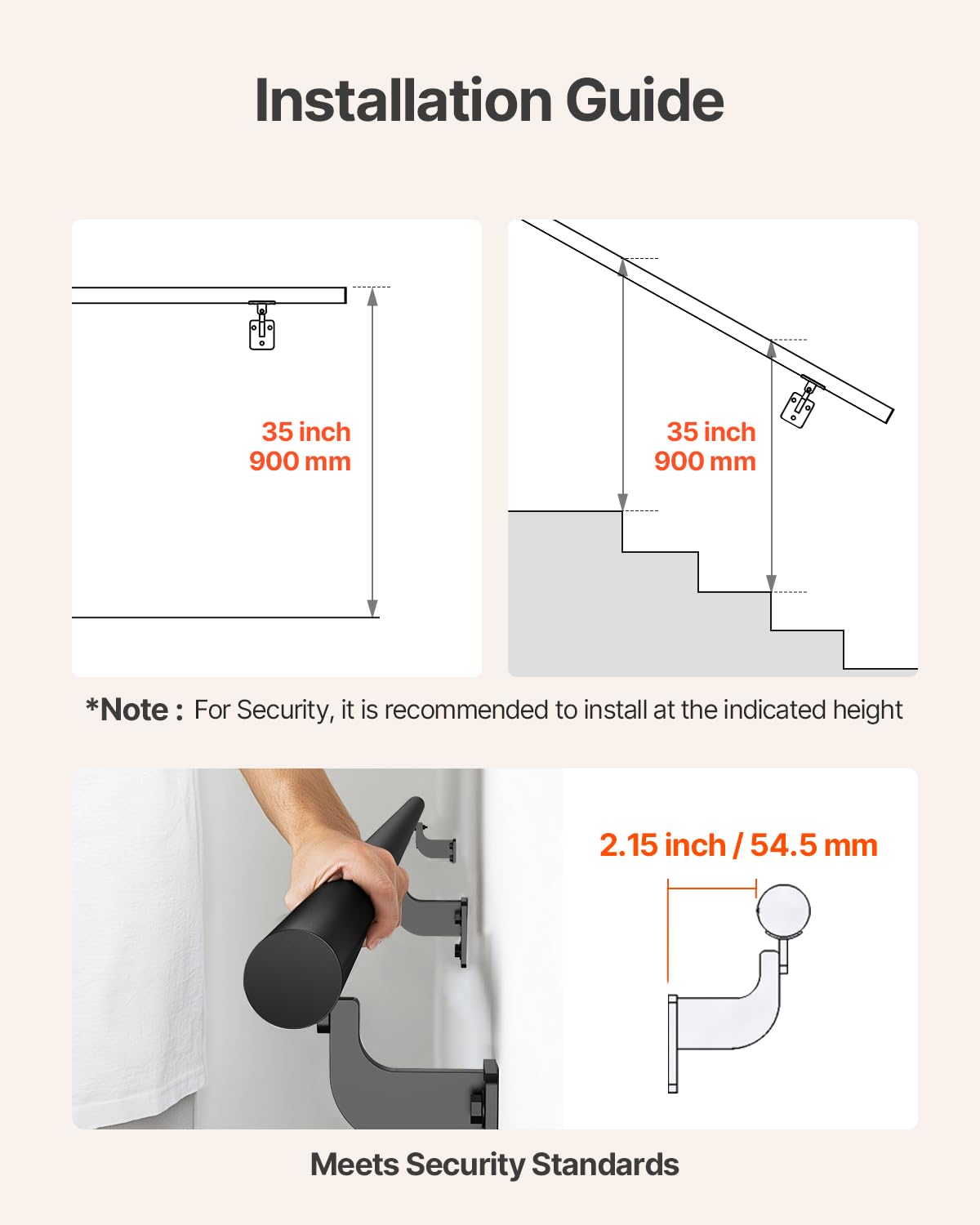VEVOR Pasamanos de Escalera de Pared, Aluminio Galvanizado Negro, Diámetro de Tubo 32 mm, para Interior y Exterior, Pasamanos Industrial para Escalones, Balaustre de Seguridad, 2130 x 84 x 128 mm