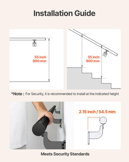 VEVOR Pasamanos de Escalera de Pared, Aluminio Galvanizado Negro, Diámetro de Tubo 32 mm, para Interior y Exterior, Pasamanos Industrial para Escalones, Balaustre de Seguridad, 2130 x 84 x 128 mm