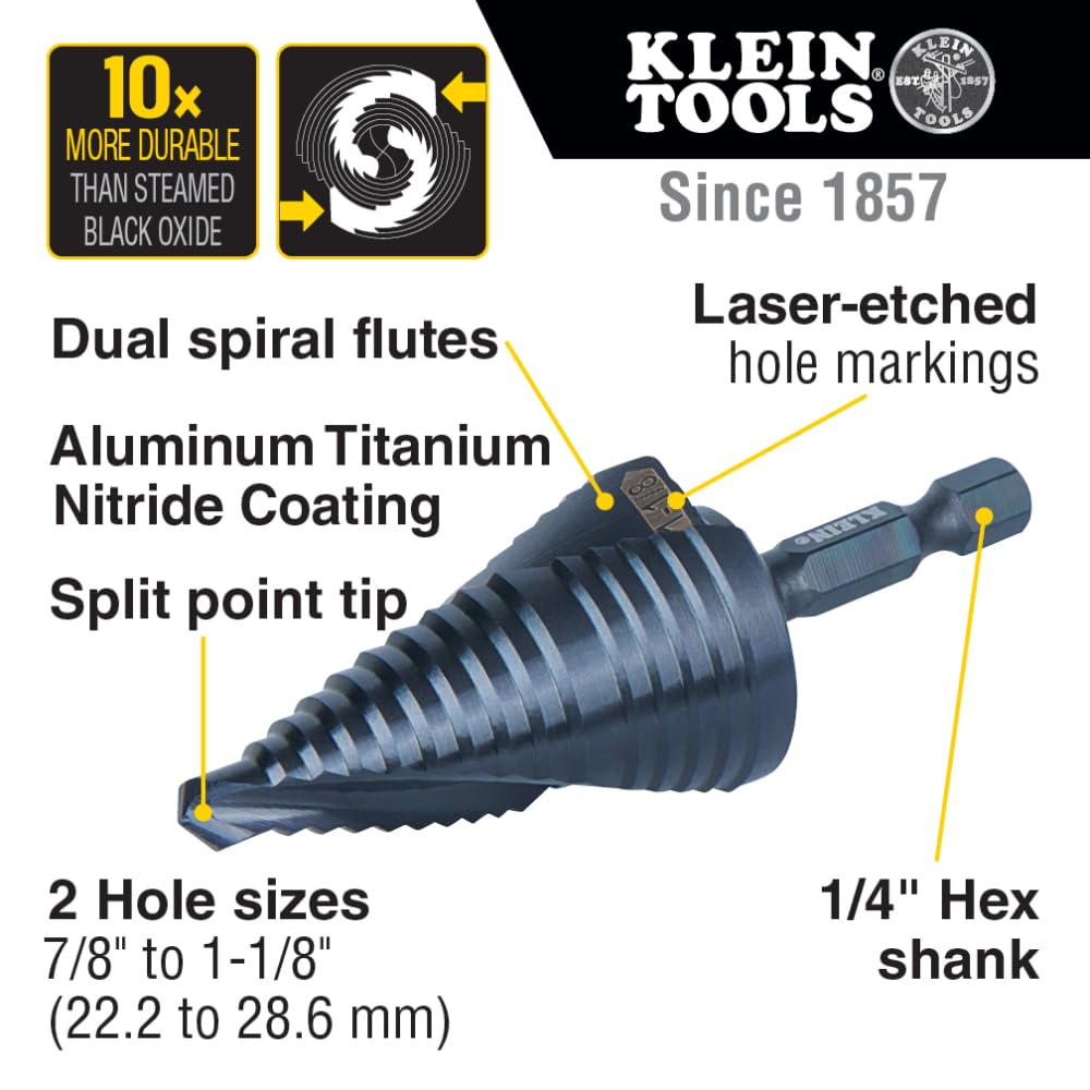 Klein Tools QRST11 Broca escalonada, espiral de liberación rápida, doble fluida, 7/8 a 1-1/8 pulgadas, vástago hexagonal, acero cortado, madera, plástico, aluminio