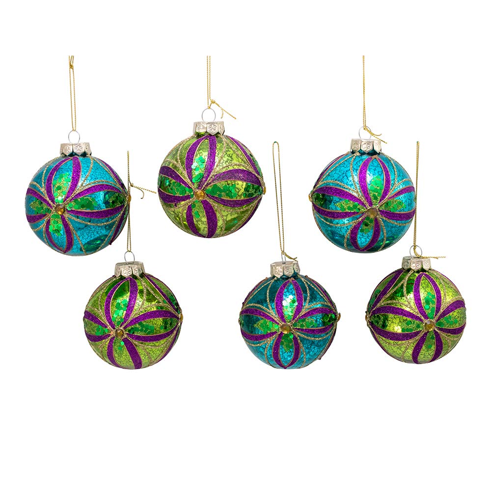 Kurt S. Adler Kurt Adler - Bola de Navidad de Vidrio de 80 mm, Adorno de Caja de 6 Piezas, Azul, Verde, Dorado, Morado, 6 Unidades
