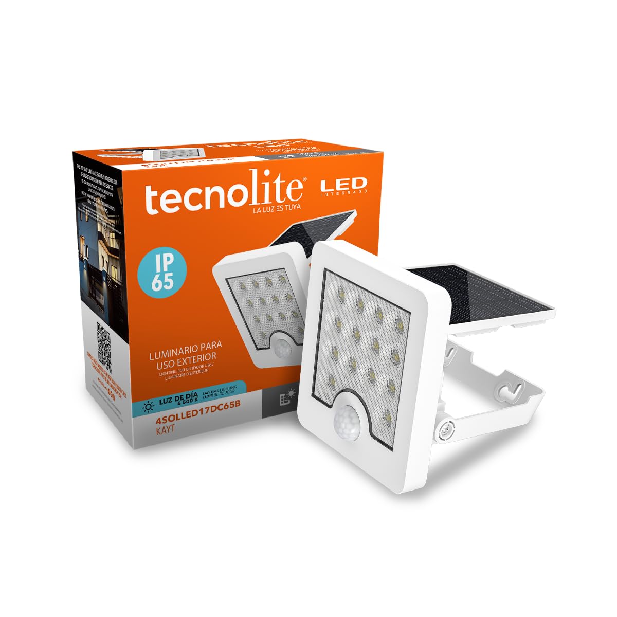 Tecnolite - Lámpara Solar LED 4 W, Luz de Día, Dirigible, Sensor de Movimiento, IP65