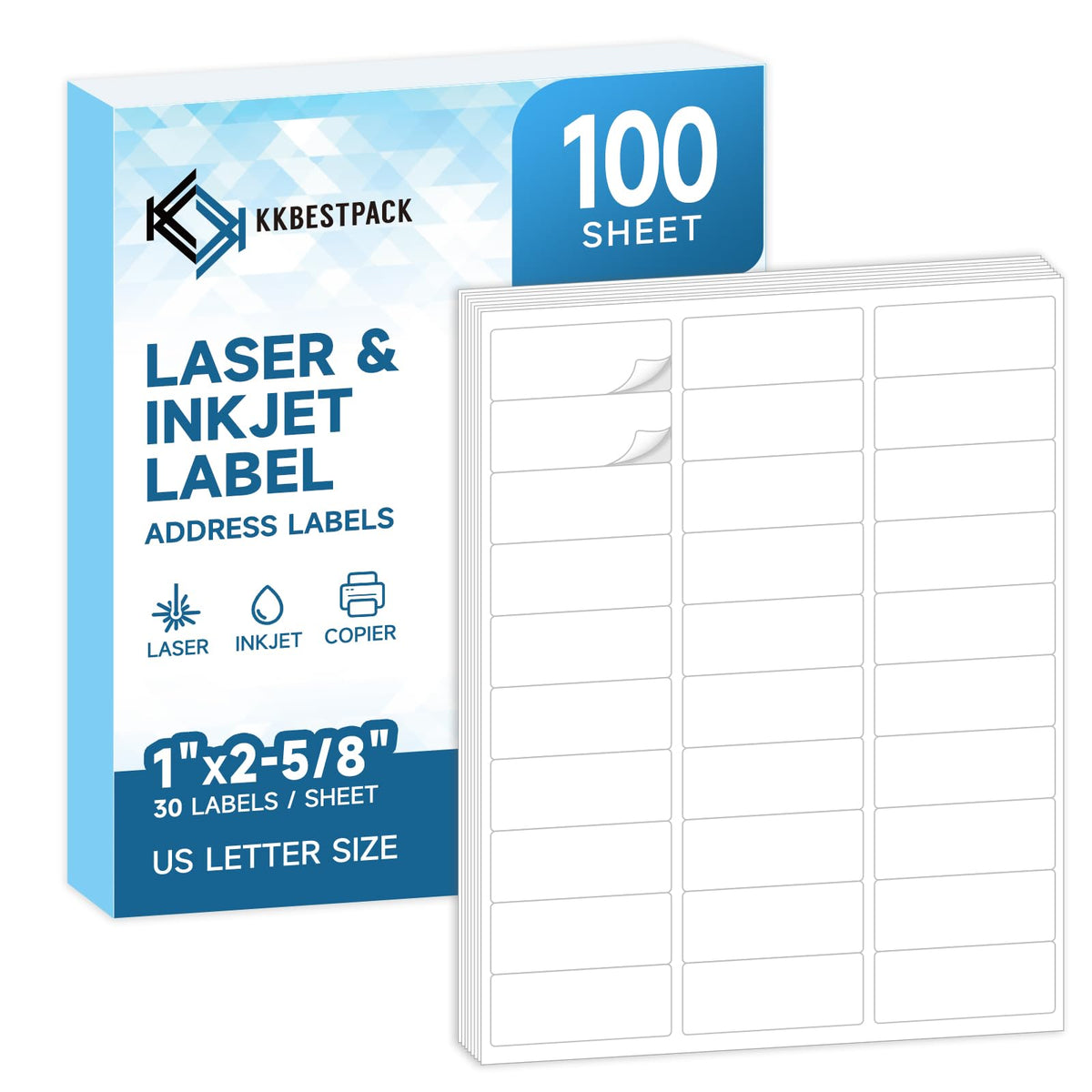 KKBESTPACK 30 etiquetas de dirección de envío – 1" x 2-5/8" autoadhesivas código de barras FNSKU pegatinas para impresora de inyección de tinta y láser (100 hojas/3000 etiquetas)