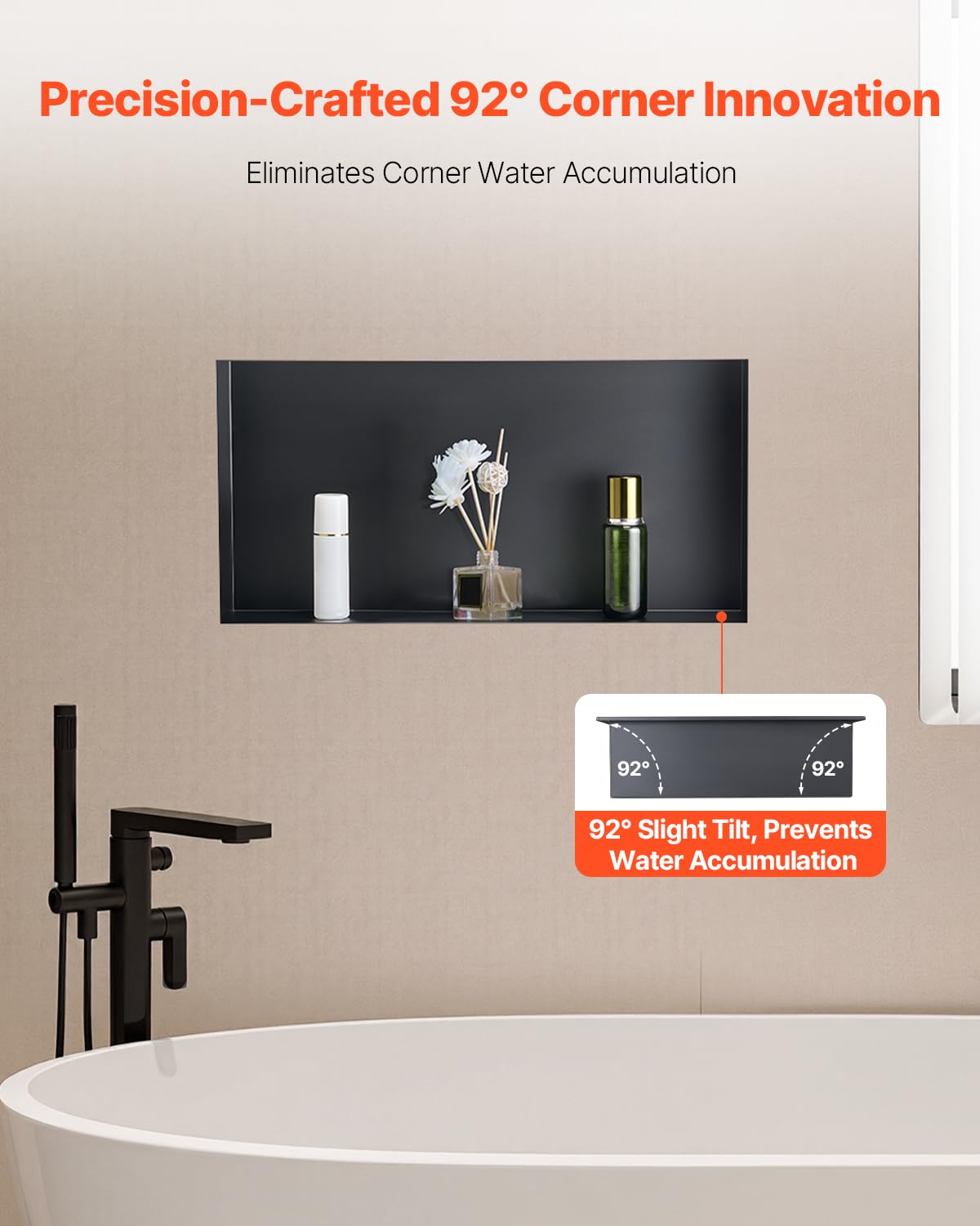VEVOR Nicho de Ducha Empotrado 33x63,5x10,2 cm Estante Divisor de Pared de Acero Inoxidable Organizador de Jabón y Champú sin Marco Sellado Impermeable Duradero Fácil de Instalar para Baño, Negro