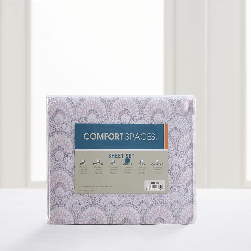 Comfort Spaces - Juego de sábanas de algodón de 144 hilos, transpirable, ligero, suave con bolsillo profundo elástico, ropa de cama moderna para todas las estaciones, funda de almohada a juego, King, morado Tabitha, 4 piezas