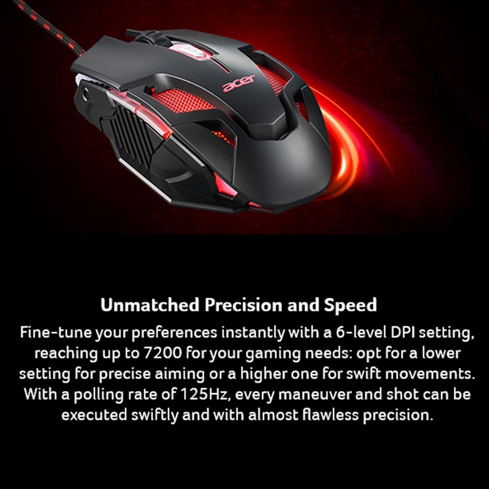 acer Mouse Nitro Gaming | Hasta 7200 dpi, conexión USB, 7 luces RGB