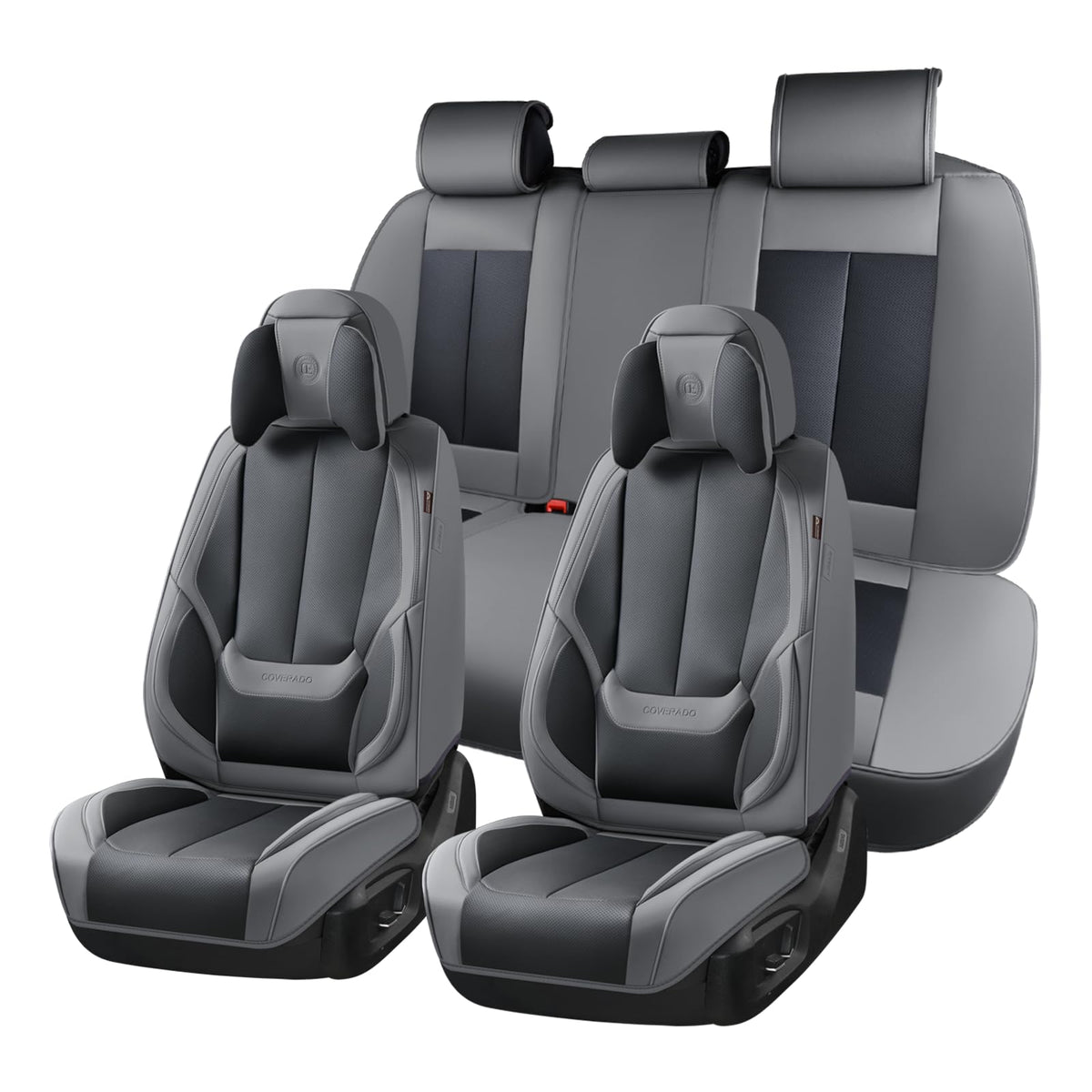 Coverado - Juego Completo de Fundas de Asiento de Coche, Impermeable, de Piel de napa para Asiento de Coche, Fundas de Asiento de Coche, Color Beige, Asientos Delanteros y Trasero, Ajuste Universal - Gris y negro (almohada) - Conjunto completo