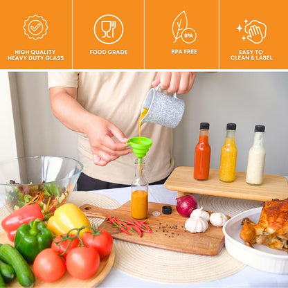 FastRack - Botellas de salsa picante Woozy de 5 onzas, paquete de 12 con tapas de plástico negro, botellas pequeñas vacías, botellas de vidrio transparente con tapa a prueba de fugas, sin gotero