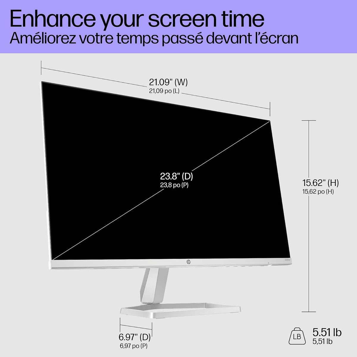 HP Monitor 524sw FHD S5, 23.8", IPS, 1920 x 1080, 100 Hz, 5ms GtG, Eye Ease, Luz Azul Baja, Antifeflejo, Micro Bordes, HDMI/VGA, Blanco/Plateado (94C21AA)