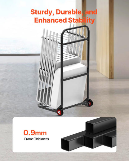 VEVOR Estante para Sillas Plegable, Capacidad de 45 kg, Carrito Resistente para Colgar 10 Sillas, Carrito de Almacenamiento de Metal con Ruedas de Goma, Soporte para Sillas Tipo Empuje, Negro Mate