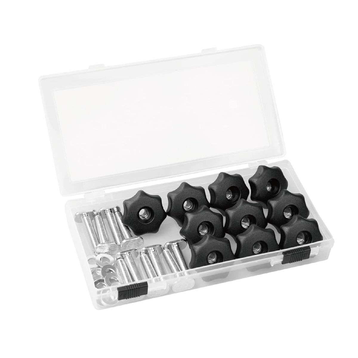 POWERTEC 71481 T - Juego de pomos de riel con perilla de 7 estrellas, pernos y arandelas roscados de 1/4-20, paquete de 10, pernos de riel en T, accesorios de riel en T para plantillas y accesorios de