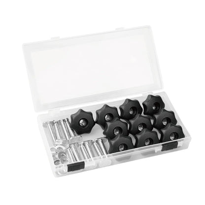 POWERTEC 71481 T - Juego de pomos de riel con perilla de 7 estrellas, pernos y arandelas roscados de 1/4-20, paquete de 10, pernos de riel en T, accesorios de riel en T para plantillas y accesorios de