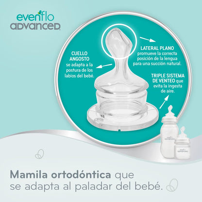 Evenflo Advanced Set Avanzado de 6 Biberones Ortodónticos con Escobillón, Silicón Grado Alimenticio, Libre de BPA, Cuello Angosto, Sistema Triple de Ventilación, para Bebés 0-3 Meses
