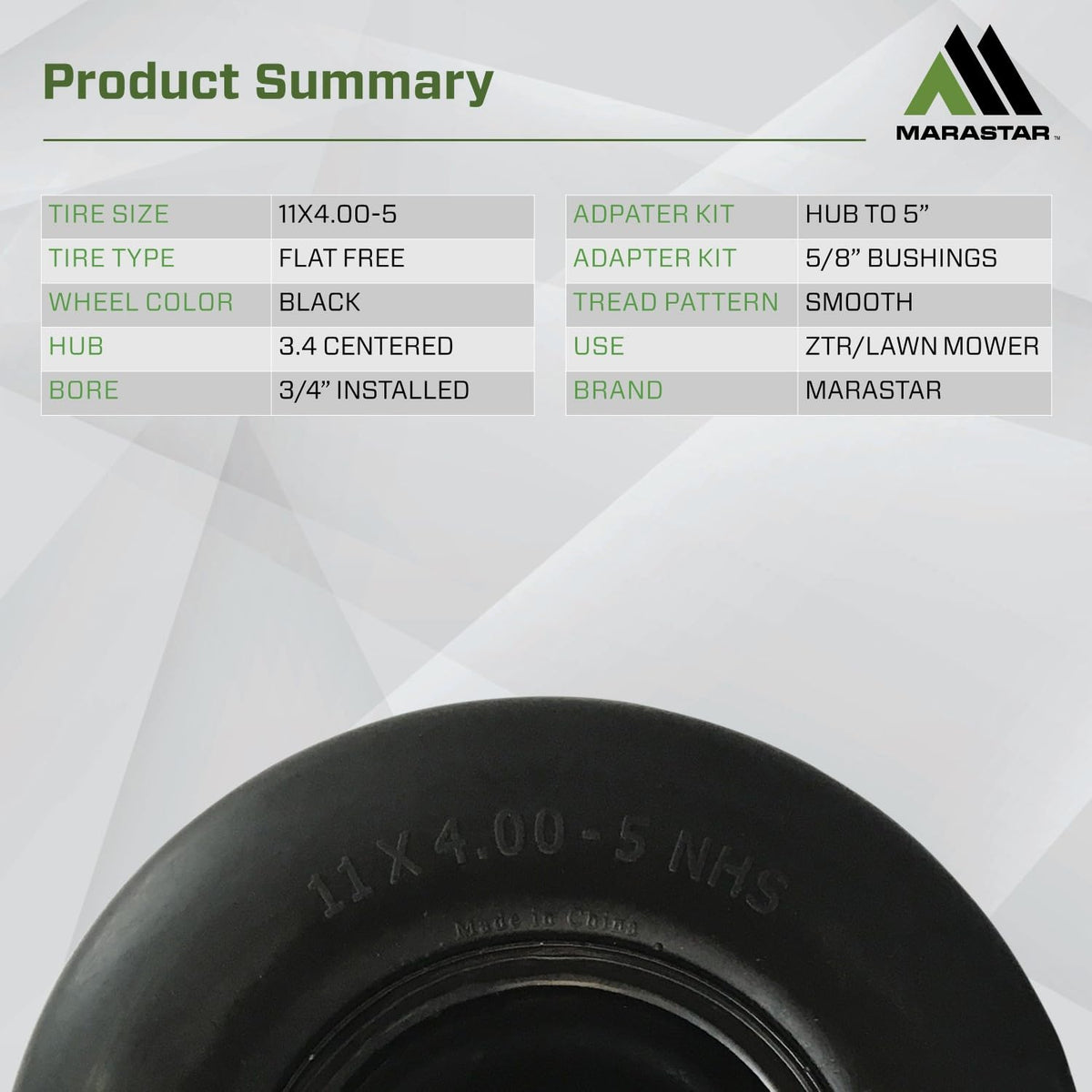 MARASTAR 00232-2PK - Montaje de neumático y Rueda de Ajuste Universal de 11 x 4.00-5, neumáticos de Repuesto para cortacésped de Giro Cero, Banda de Rodadura Suave, Kit Adaptador Incluido, Paquete de