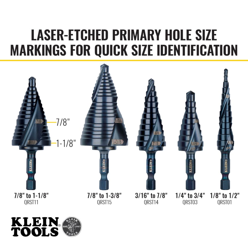 Klein Tools QRST11 Broca escalonada, espiral de liberación rápida, doble fluida, 7/8 a 1-1/8 pulgadas, vástago hexagonal, acero cortado, madera, plástico, aluminio