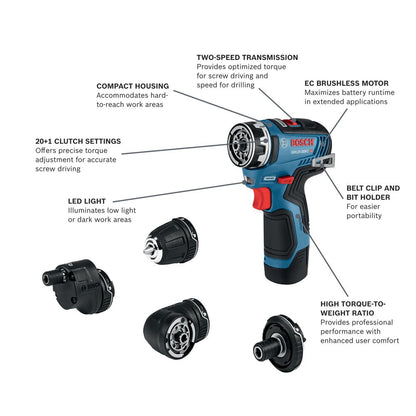 BOSCH GSR12V-300FCB22 Sistema de taladro/driver 5 en 1 sin escobillas de 12V Max EC con (2) baterías de 2 Ah