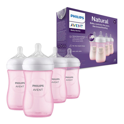 Philips Avent Natural Biberón para Bebé, Tetina Anticólica sin BPA - 260 ml (Pack of 4) - Rosa