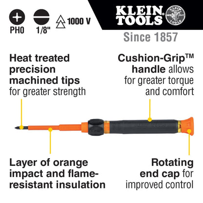 Klein Tools 32581INS Destornillador de precisión, destornillador aislado 2 en 1 con número 0 Phillips y puntas ranuradas de 1/8 pulgadas