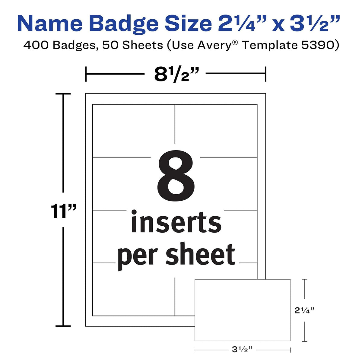 Avery 5392 - Tarjetas para gafete de identificación, para impresión o escritura, 7.62 cm x 10.16 cm, 300 recambios de cartulina, 5.71 cm x 8.89 cm, Blanco, 400 name tags