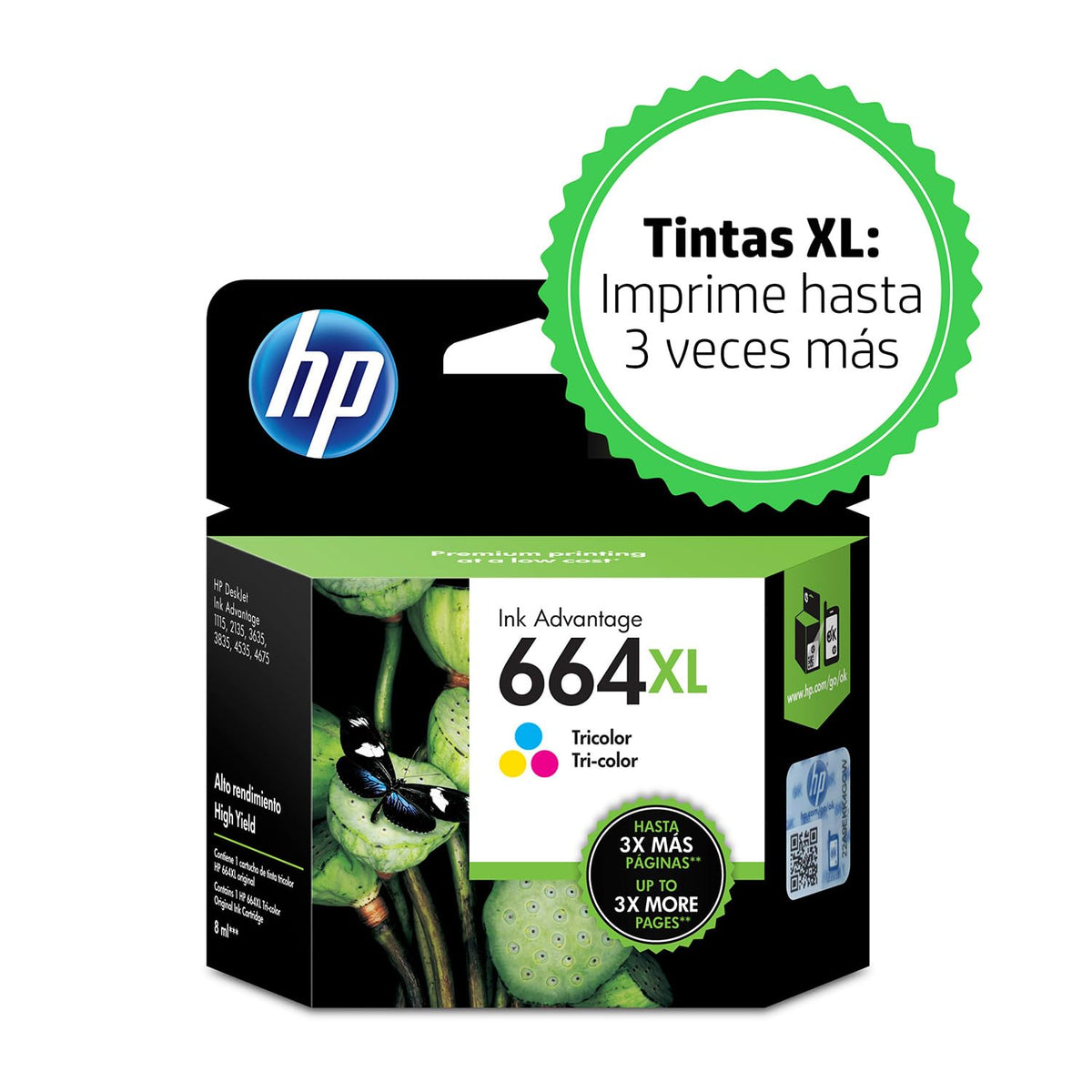 HP Cartucho de Tinta 664XL Tricolor Original, Compatibilidad con Impresoras Deskjet 4535, 4675, 3835, 1115, 2135, 3635, 2675, 3775, 3785, 3787, 3789, Rendimiento hasta 330 páginas (F6V30AL)