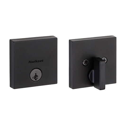 Kwikset - Cerradura de cerrojo del centro de la ciudad, puerta de entrada frontal con llave, color negro mate, resistente a la selección, seguridad SmartKey Rekey, tornillo muerto de un solo cilindro,